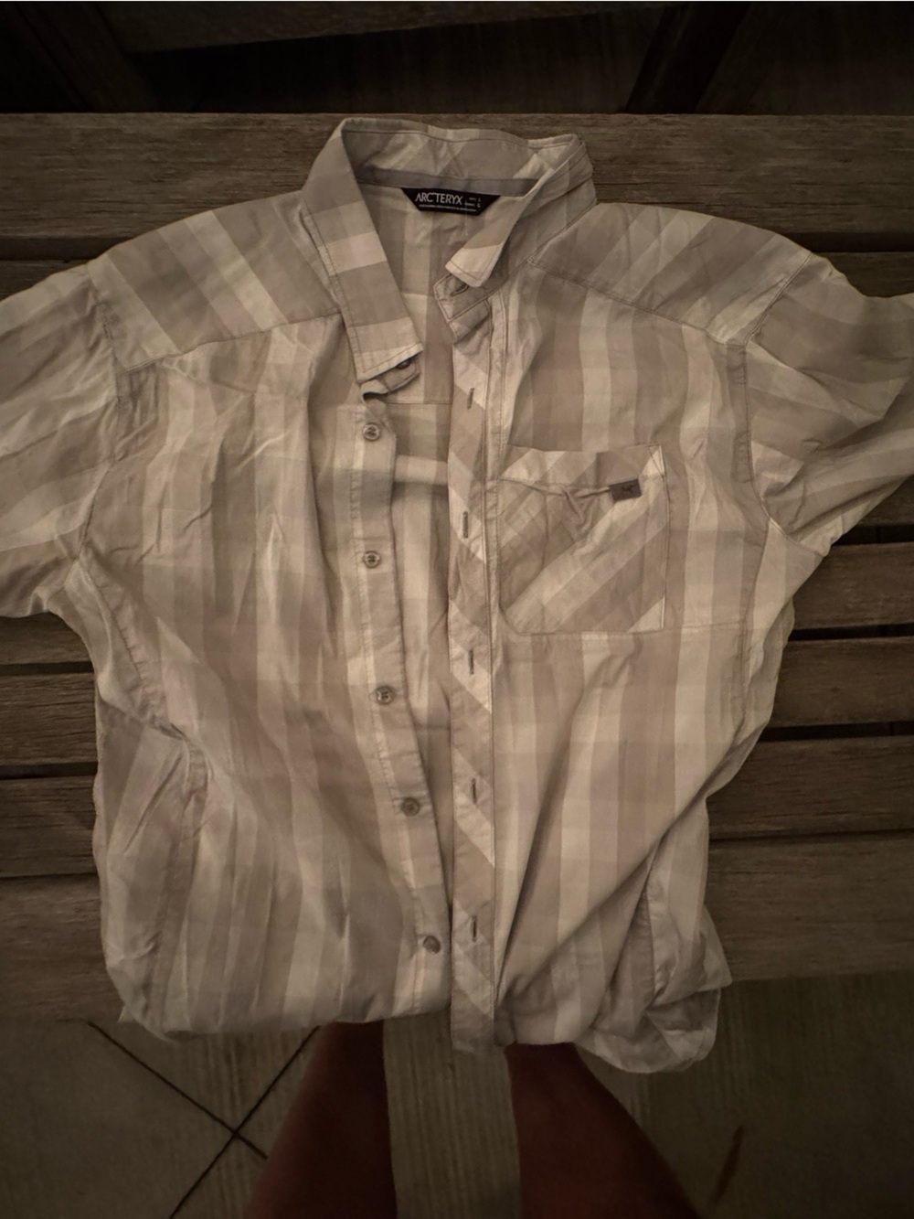 Arc'teryx Men's Casual Button-Down Shirt in Light Gray and White Stripes